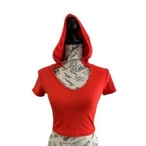 Women's Size S/M Cropped Hoodie Top Short Sleeves Red Lightweight Ribbed NEW
